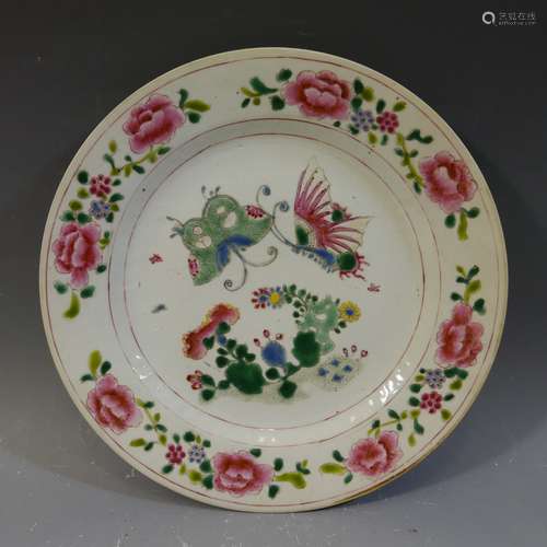 ANTIQUE CHINESE FAMILLE ROSE PORCELAIN PLATE - 18TH CENTURY