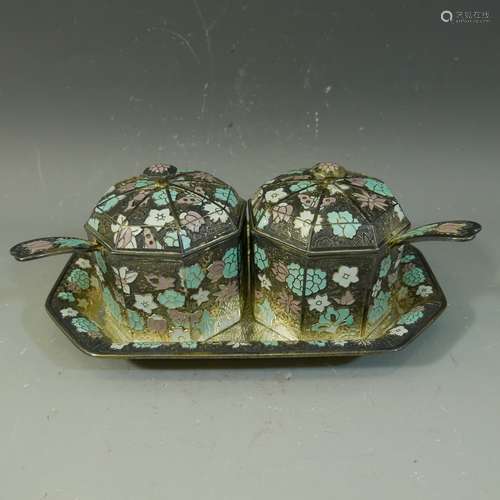 KOREAN .999 PURE SILVER ENAMEL TABLE SET - 704 GRAMS