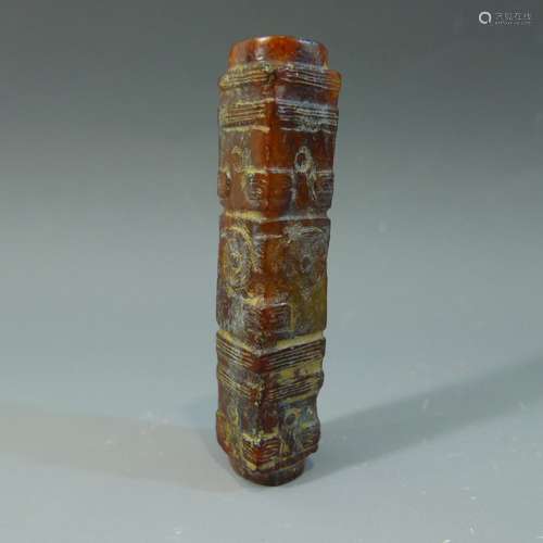 ANTIQUE CHINESE CARVED JADE CONG TUBE NEOLITHIC PERIOD