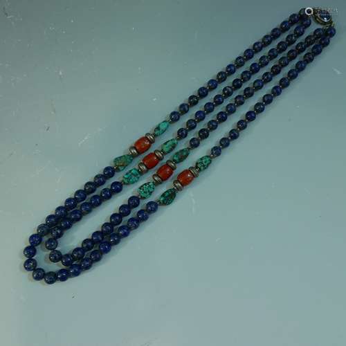 MAGNIFICENT CORAL TURQUOISE & LAPIS LAZULI BEADS NEACKLACE