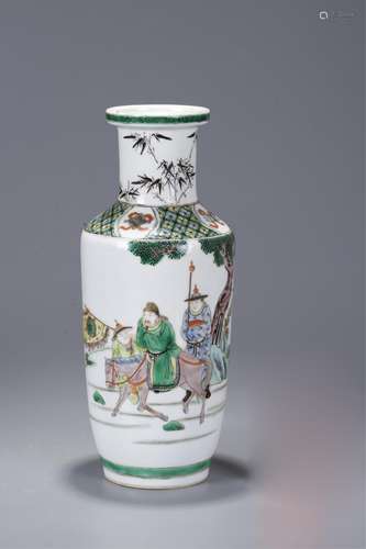 CHINESE QING WUCAI ROULEAU VASE, FIGURAL MOTIF