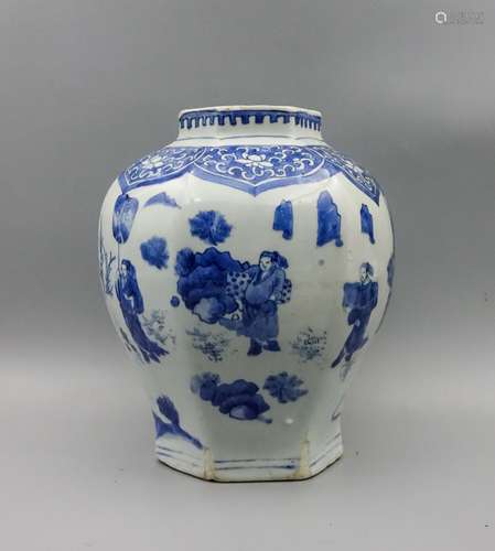 CHINESE BLUE AND WHITE HEXAGONAL JAR