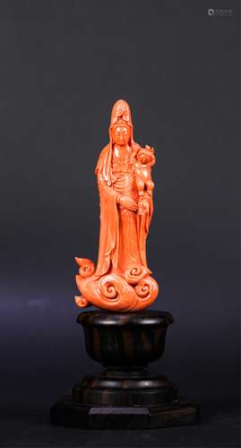 CHINESE CORAL CARVED FIGURE OF GUANYIN