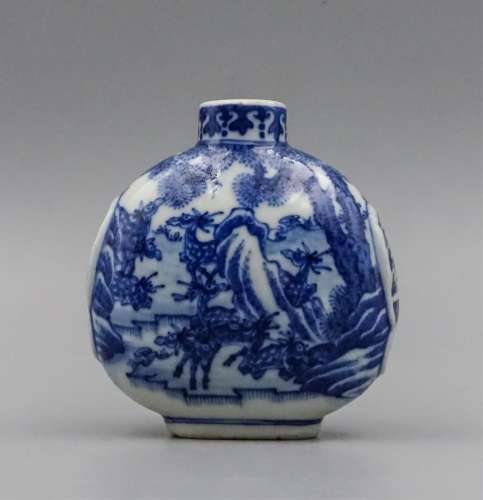 CHINESE BLUE AND WHITE SNUFF BOTTLE, DEER AND PINE