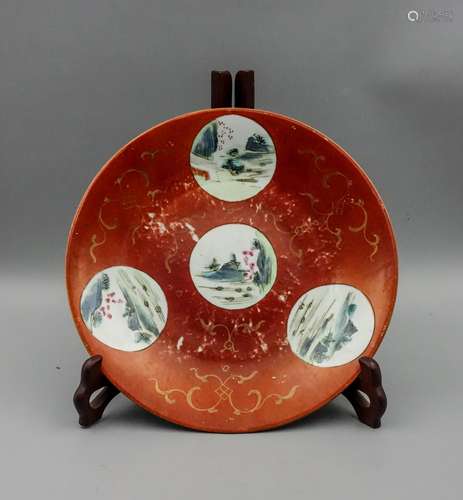 CHINESE CORAL GLAZED FAMILLE ROSE PLATE