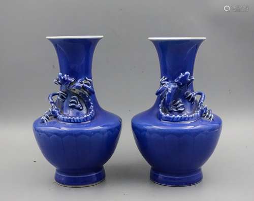 PAIR OF CHINESE BLUE GLAZED CHILONG VASES