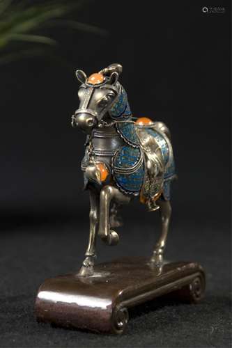 Chinese Silver Enamel Horse With Inlaid