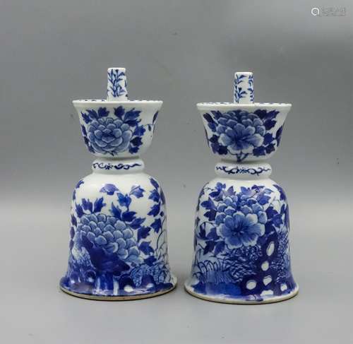 PAIR OF CHINESE BLUE AND WHITE CANDLE STANDS