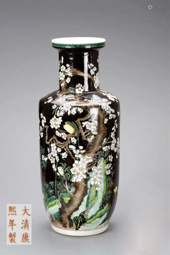 CHINESE FAMILLE NOIR GLAZED VASE, BIRD MOTIF