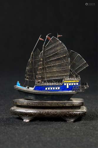 Chinese Silver Enamel Boat Model