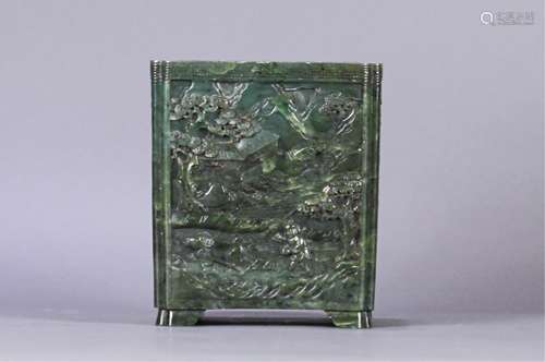 CHINESE SPINACH JADE SQUARE BRUSH POT