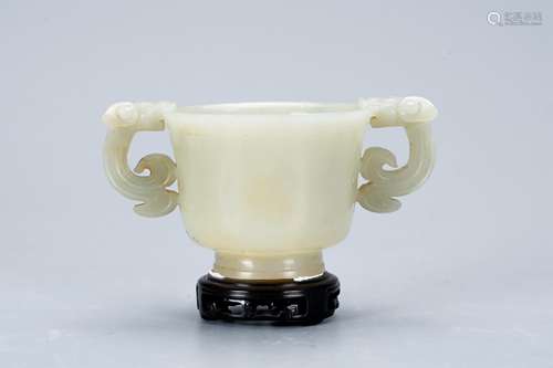 CHINESE WHITE JADE TWIN EAR CHILONG CUP