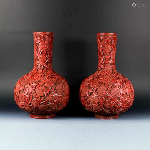 PAIR OF CHINESE CINNABAR LACQUER BOTTLE VASE