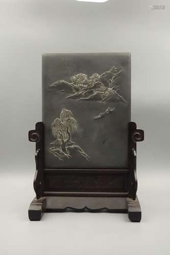 CHINESE STONE TABLET ON ROSEWOOD TABLE SCREEN