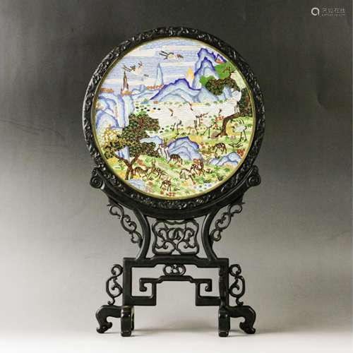 CHINESE CLOISONNE ON ROSEWOOD TABLE SCREEN