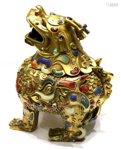Chinese Gilt Bronze Foo Dog Censer w/Gemstone