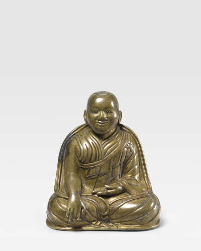 西藏 约十三世纪 错银错红铜喇嘛祥(1123-1193)铜像
