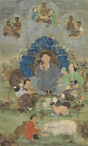 十世噶玛巴却英多杰（1604-1674） 玛尔巴迎见诗圣米拉日巴唐卡 绢本设色