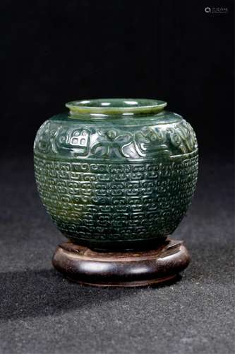 CHINESE SPINACH JADE CARVED JAR WITH STAND