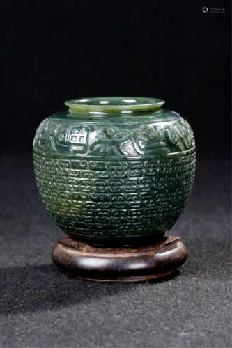 CHINESE SPINACH JADE CARVED JAR WITH STAND