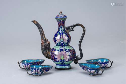 CHINESE BRONZE ENAMEL WINE BOTTLE AND CUPS SET
