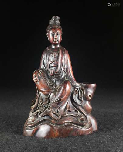 CHINESE ROSEWOOD CARVED FIGURE OF GUANYIN
