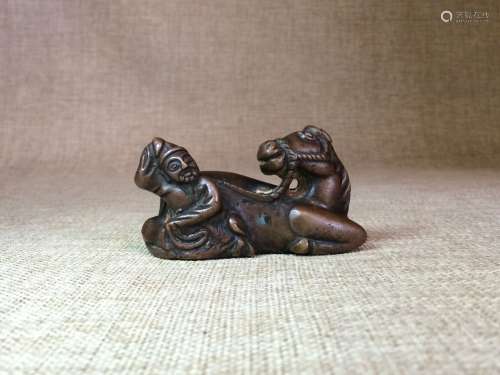 CHINESE BRONZE CARVED MAN AND HORSE