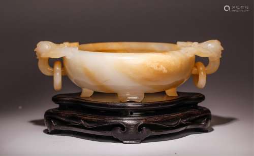 CHINESE WHITE JADE TWIN EAR WATER COUPE WITH STAND