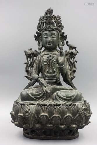 Chinese Bronze Figure Of Guanyin On Lotus Seat