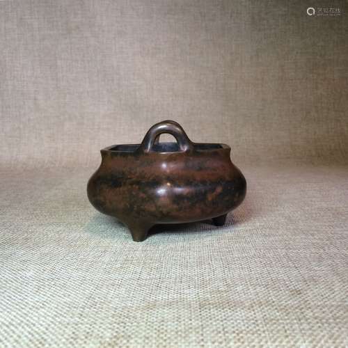 CHINESE BRONZE TWIN EAR TRIPOD CENSER