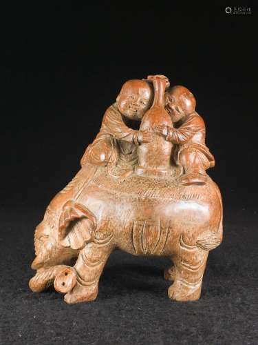 CHINESE BAMBOO CARVED BOY AND ELEPHANT