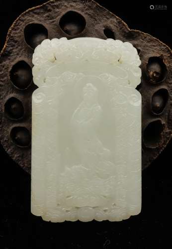 CHINESE WHITE JADE PLAQUE CARVED GUANYIN
