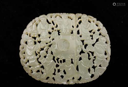 CHINESE JADE BELT BUCKLE WITH 8 IMMORTALS