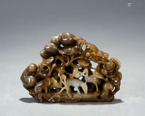 CHINESE JADE CARVED DEER, CRANE & PINE TREE