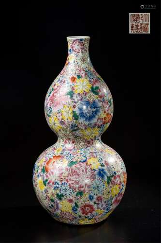 CHINESE FAMILLE ROSE MILLIFLORAL DOUBLE GOURD VASE