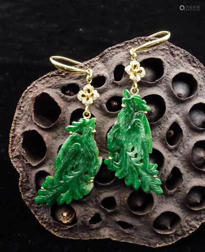 CHINESE 18K GOLD JADEITE PHOENIX EARRINGS