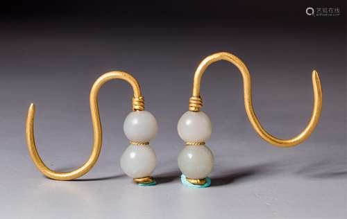 PAIR OF CHINESE WHITE JADE ON GOLD EARRINGS