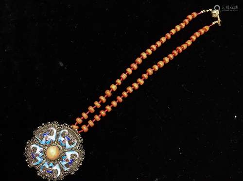 CHINESE SILVER WIRE ENAMEL CORAL BEADS NECKLACE