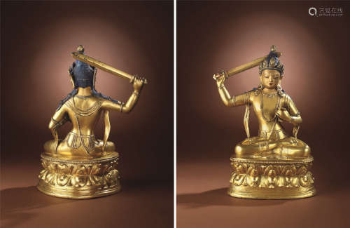 十八世纪 蒙古风格 铜鎏金文殊菩萨