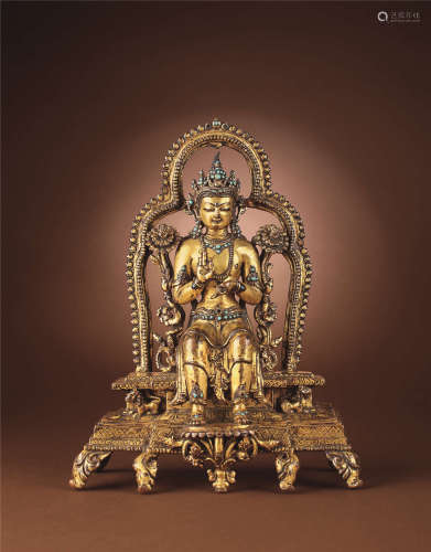 十三至十四世纪 西藏中部风格 铜鎏金弥勒菩萨像