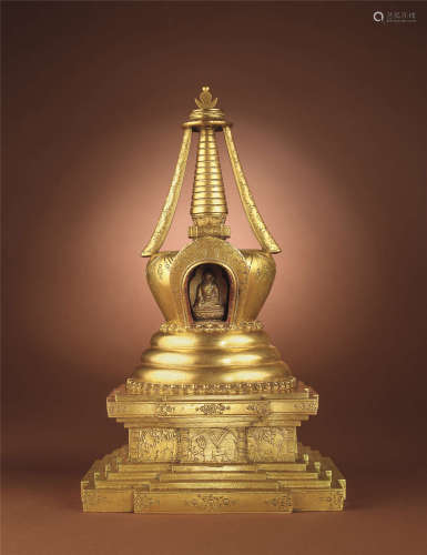 十七世纪 蒙古风格 铜鎏金尊胜佛塔