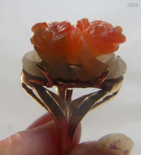 Antique Chinese Red Jadeite Foo Dog 14K Gold Ring