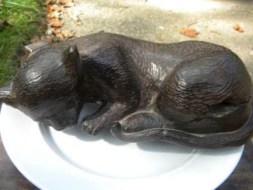 Antique Wood Carved Cat Statue