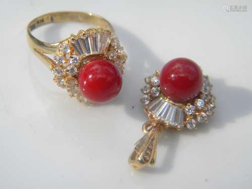 14K Gold Natural Ox Blood Red Coral Pendant and Ring