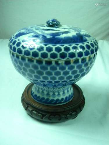 Antique Blue and White Covered Jar