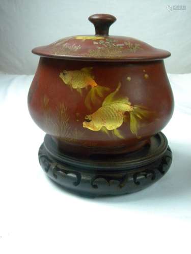 Antique Gold Fish Lacquer Bowl with Cover