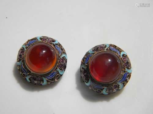 Pair of Antique Chinese Enamel Carnelian Earrings