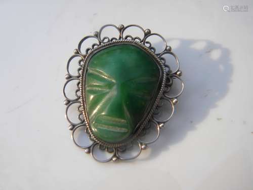 Antique Mexico Jade Sterling Brooch Pin