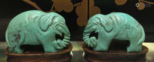 Pair of Antique Chinese Turquoise Elephant on wood