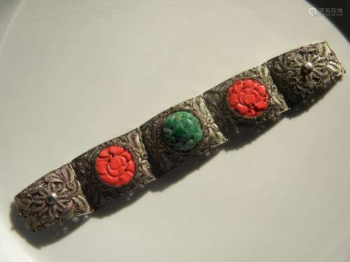 Antique Chinese Silver Filigree Coral Jadeite Bracelet